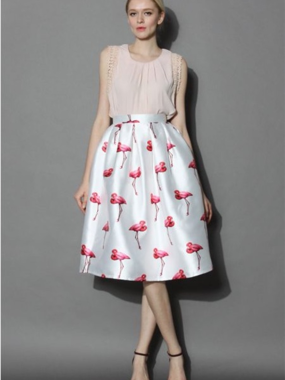 Chicwish White Midi Skirt with Pink Flamingo Print